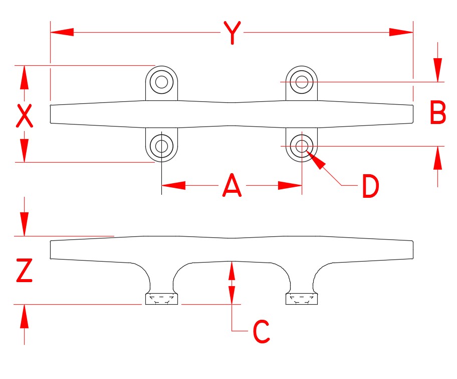 Stainless Steel Herreshoff Cleat, S3105-0, Line Drawing